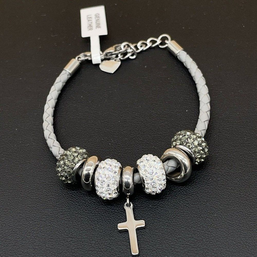 Bracelet Crystal Beads Religious Gray Leather Stainless Steel Cross Polished 7.5 - Picture 7 of 7